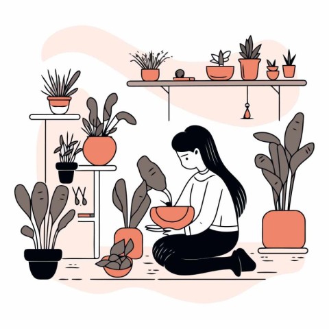 Vector illustration of a girl sitting on the floor in the living