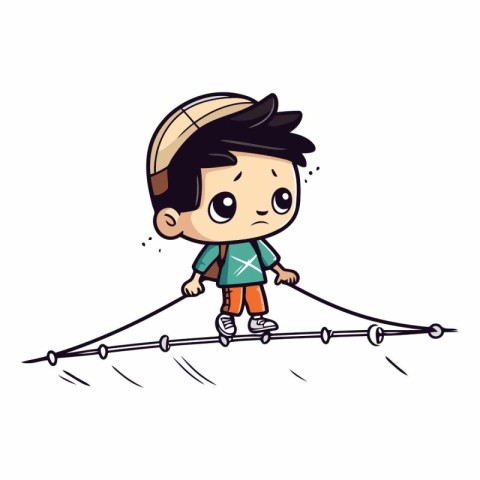 Cute cartoon boy climbing on a rope. Vector clip art.