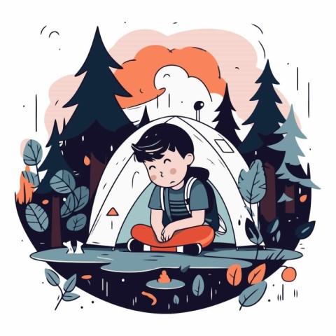 Vector illustration of a boy sitting in a tent in the forest.