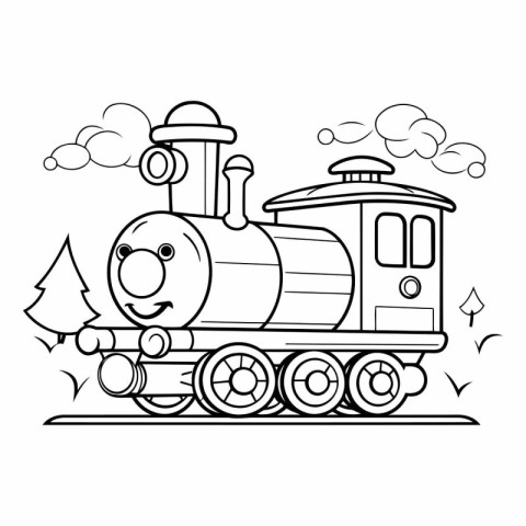 Black and white vector illustration of a cartoon steam locomotiv