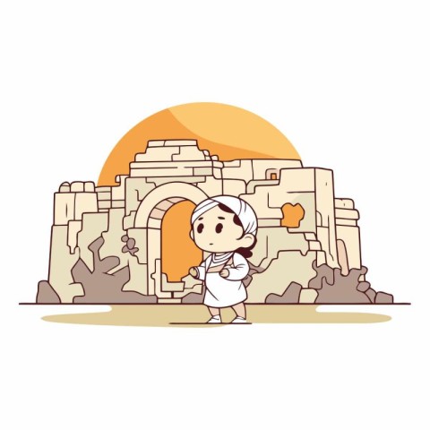 Cute little boy is standing on the ruins of the ancient city.