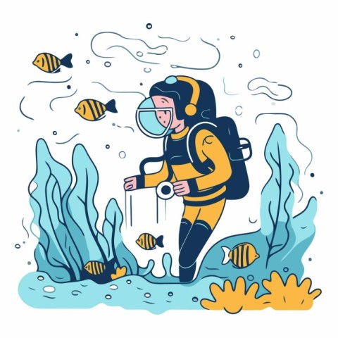 Scuba diver in the sea in cartoon style.