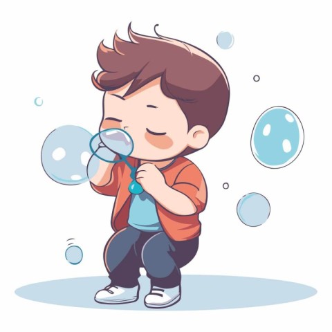 Cute little boy blowing soap bubbles in cartoon style