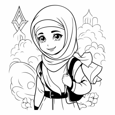 Hijab girl with a backpack in the city