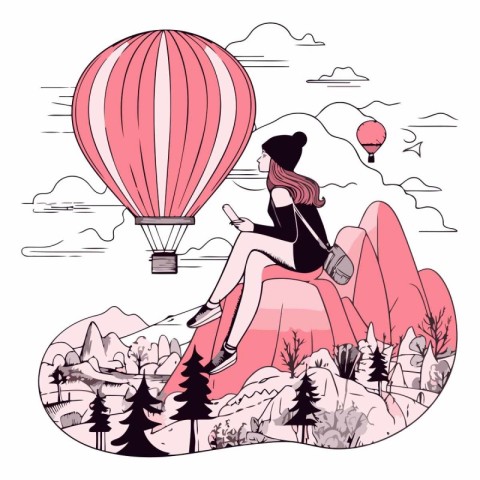 Girl on the mountain with hot air balloon in cartoon style.