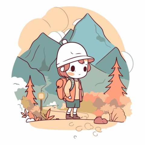 Cute little boy hiking in the mountains. Cartoon vector illustra