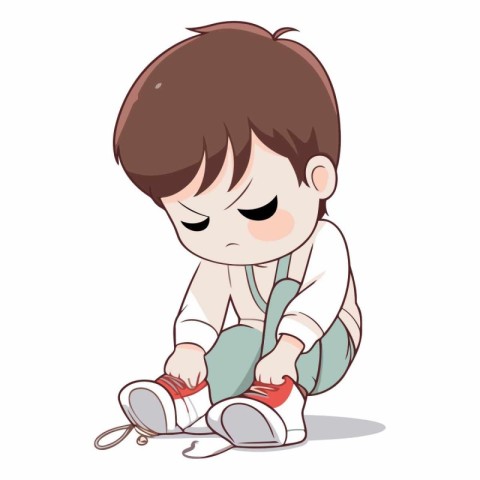 Cute little boy is tying shoelaces.