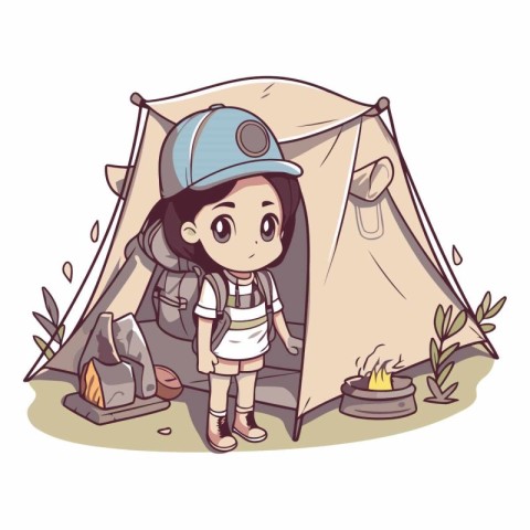 Illustration of a Cute Little Girl Hiking Around the Tent