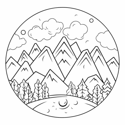 Line art illustration of nature landscape with mountains. trees