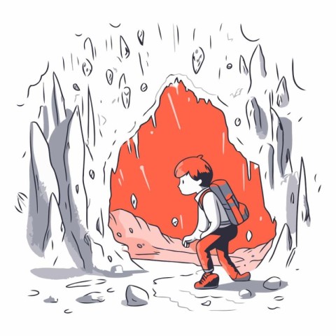 Vector illustration of a boy hiking in the mountains. Hand drawn