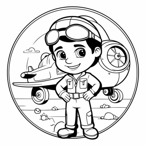 Vector illustration of a boy pilot with airplane. Coloring book