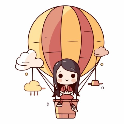 Illustration of a cute girl flying on a hot air balloon.