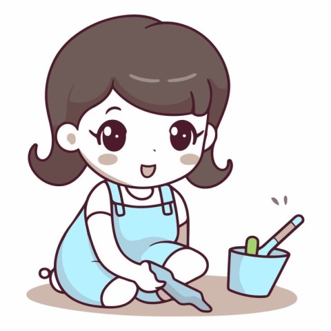 Illustration of a Cute Little Girl Wearing an Apron Sitting and