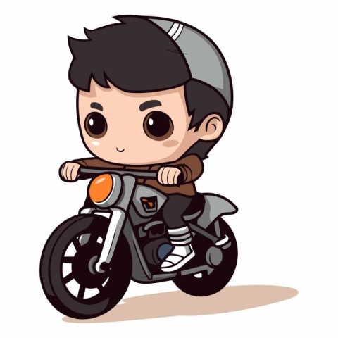 Cute Boy Riding a Motorbike - Cartoon Illustration. Vector