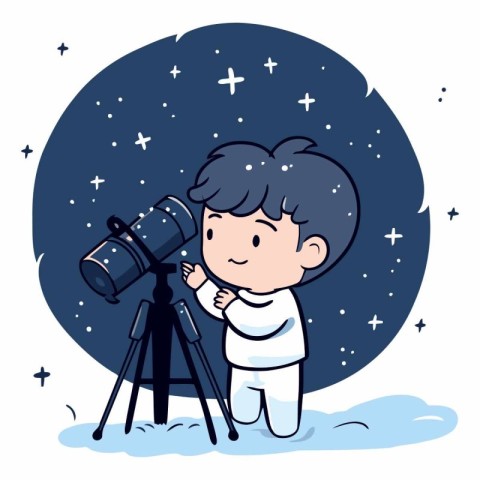 Boy looking through telescope on starry night in cartoon style.