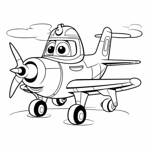 Black and White Cartoon Illustration of Cute Cartoon Airplane Ch