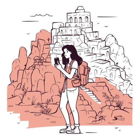 Tourist girl taking photo of ancient ruins. cartoon vector illus