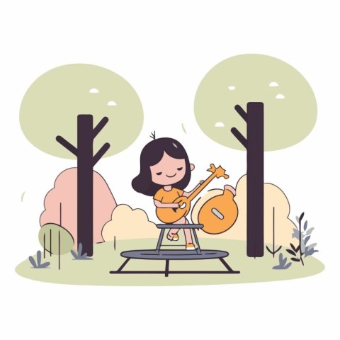 Girl playing guitar in the park in flat style.