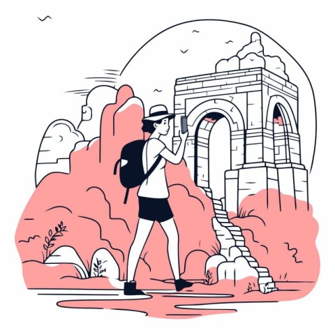 Vector illustration of a tourist with a backpack and binoculars.