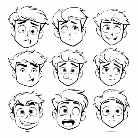 Set of different facial expressions. Black and white vector illu