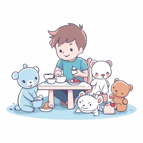 cute little boy with teddy bears at table vector illustration de