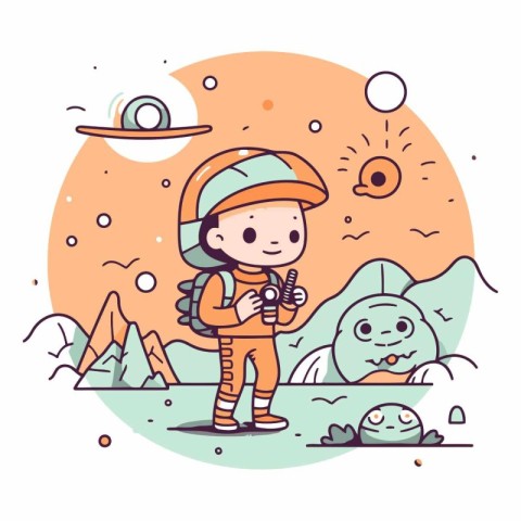 Cute little astronaut in outer space in flat style