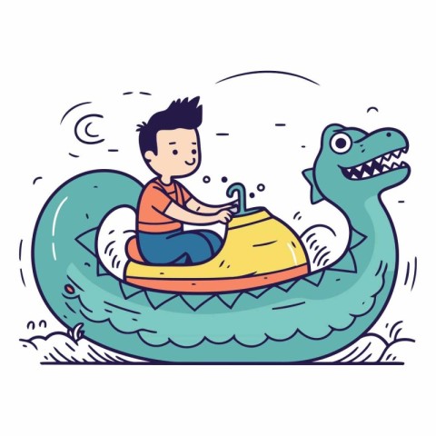 Boy riding a water scooter in cartoon style.