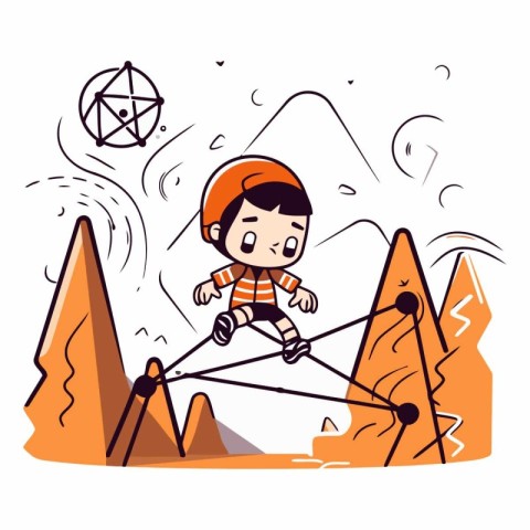 Boy climbing the rope on the mountain in cartoon style