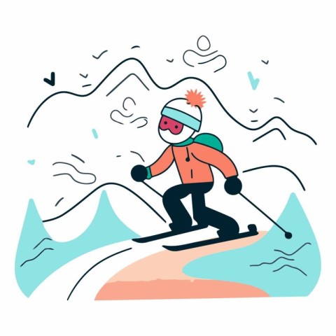 Vector illustration of a skier skiing in the mountains. Flat sty