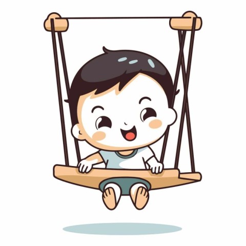 Cute little boy swinging on the swing. Vector character illustra