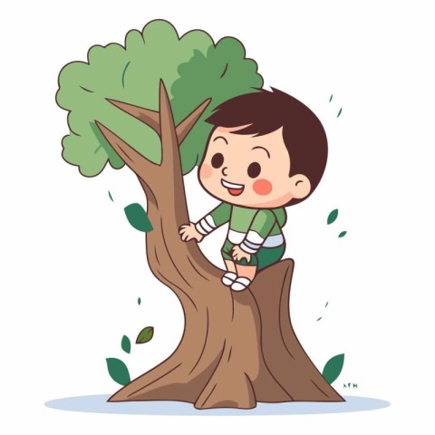 Cute little boy climbing on the tree. Vector cartoon illustratio