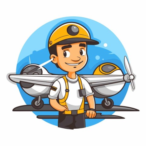 Cartoon pilot with airplane in a flat style.