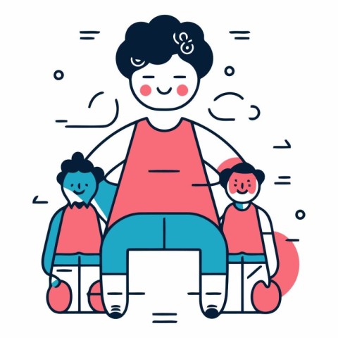 Grandmother with grandchildren in line style. Flat design.