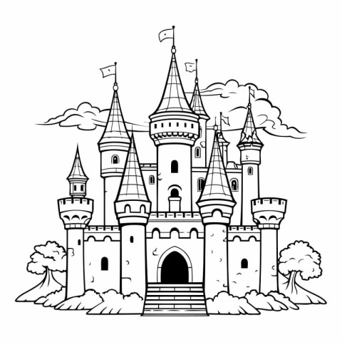 Fairytale castle. Fairy tale castle. Black and white vector illu