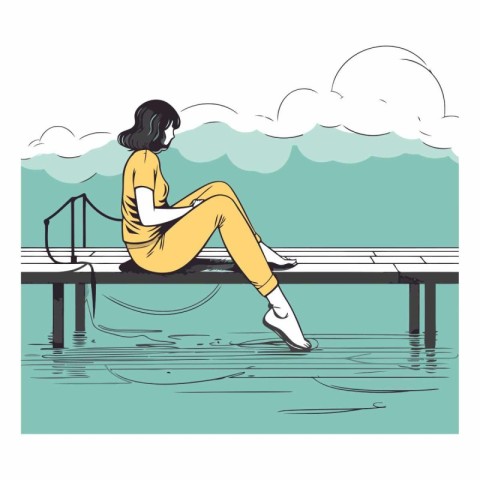 Young woman sitting on the pier in sketch style.