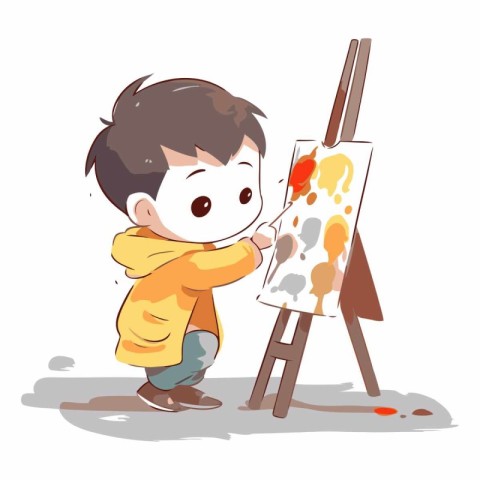 Illustration of a boy painting a picture with oil paints on canv