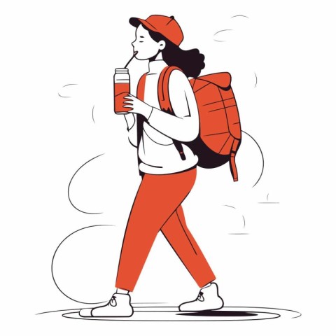 Vector illustration of a tourist with a backpack and a thermos.