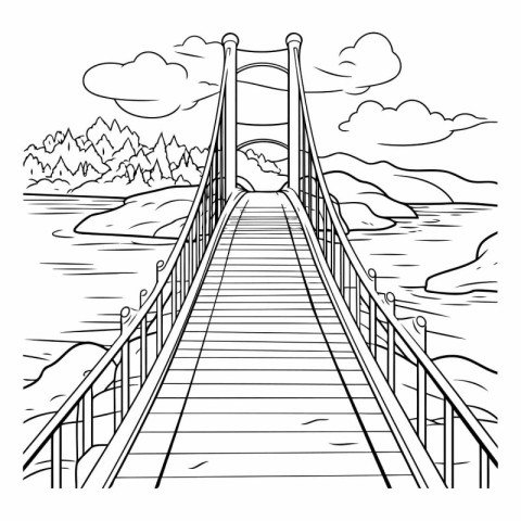 Suspension bridge. Black and white vector illustration of bridge