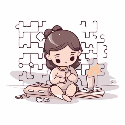 Cute little girl playing with puzzle pieces. Vector cartoon illu