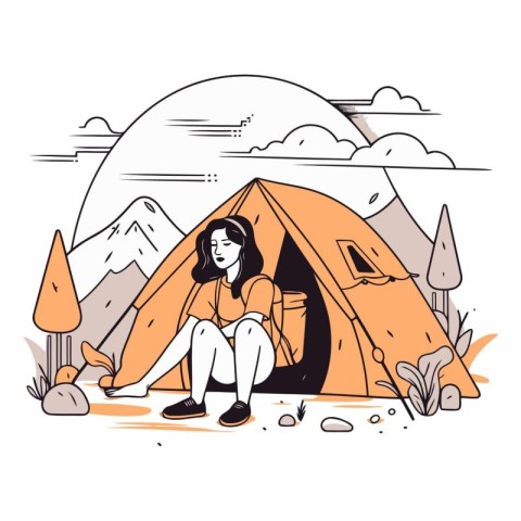 Young woman sitting near camping tent in flat style.