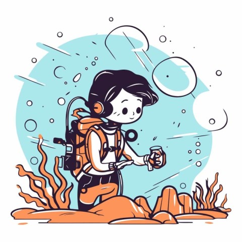 Vector illustration of a girl scuba diver with a flask in his ha