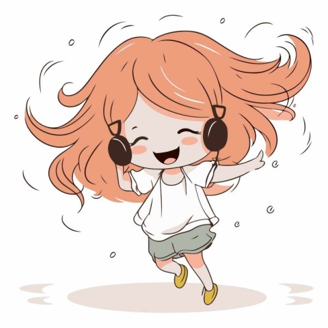 Cute cartoon girl with headphones listening to music.