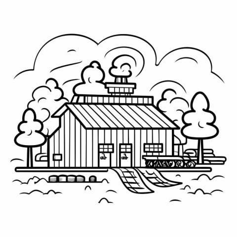 Wooden house with chimney and smoke. Black and white vector illu