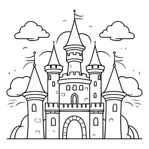 Fairytale castle. Fairytale castle. Black and white vector illus