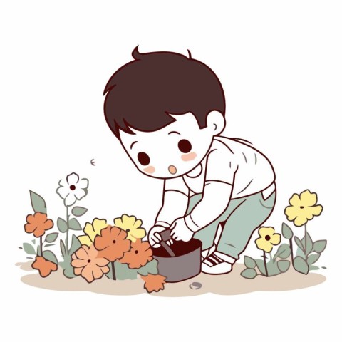 Cute boy watering flowers in the garden. vector cartoon illustra