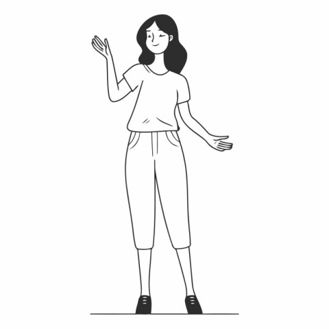 Young woman in casual clothes waving her hand in sketch style.