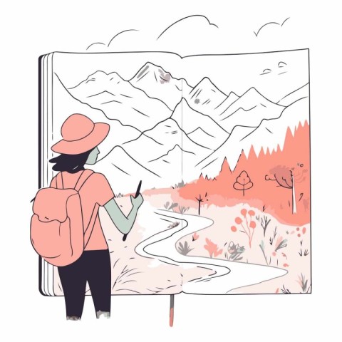 Illustration of a girl with a backpack looking at the mountains.