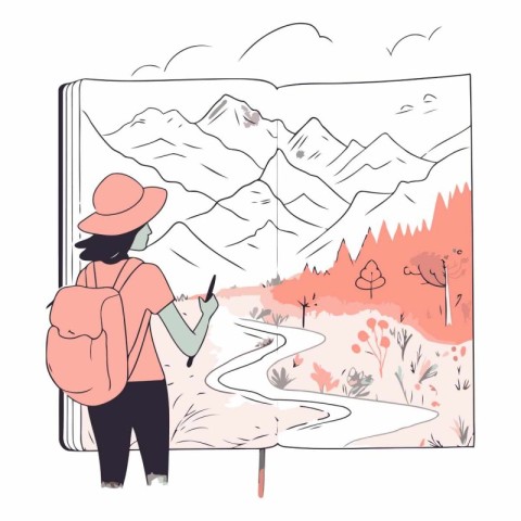 Illustration of a girl with a backpack looking at the mountains.