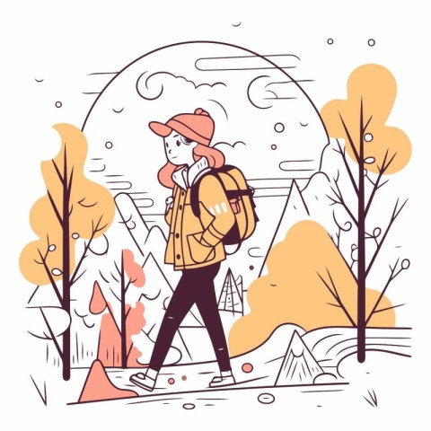 Tourist girl with backpack walking in autumn forest.