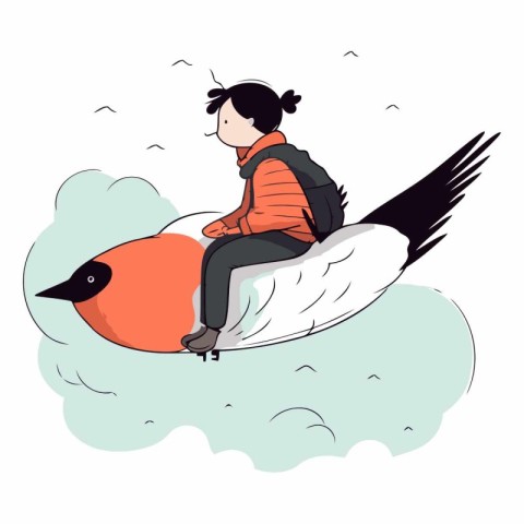 A girl in a winter jacket sits on a flying rocket.